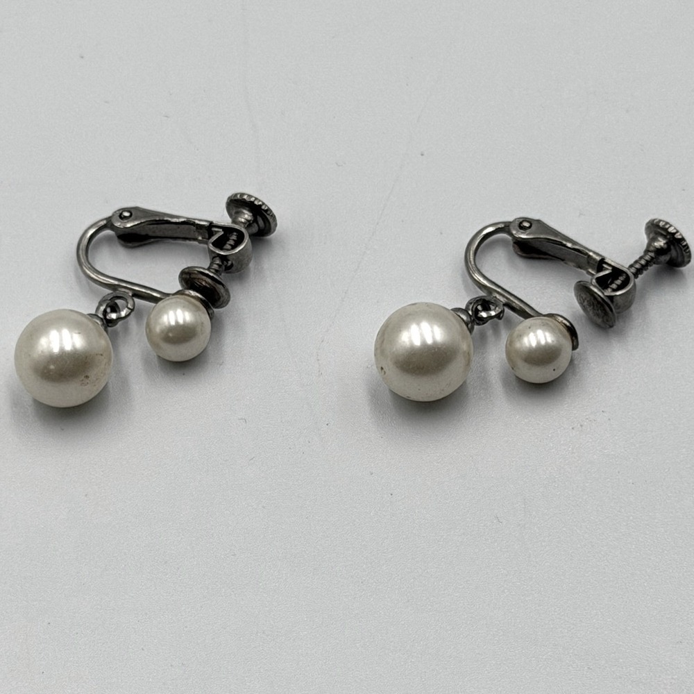 Vintage Marvella Double Faux Pearl Screw Back Earrings Silver Tone 1950s MCM